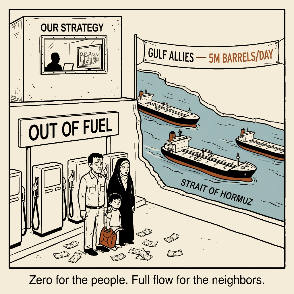 Unsigned MSI house political cartoon: Full flow for the neighbors. Zero for the people.