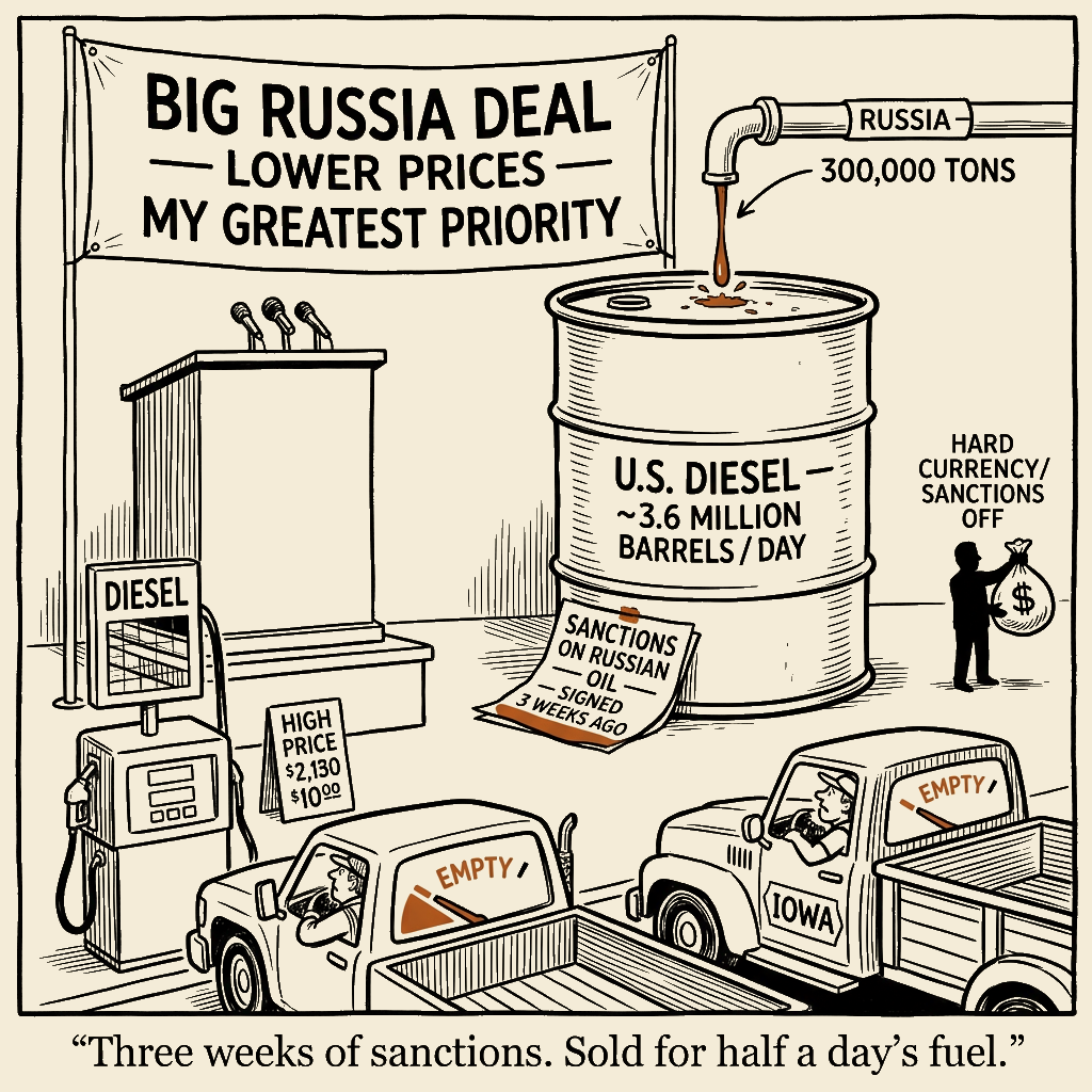 Unsigned MSI house political cartoon: Half a Day's Diesel