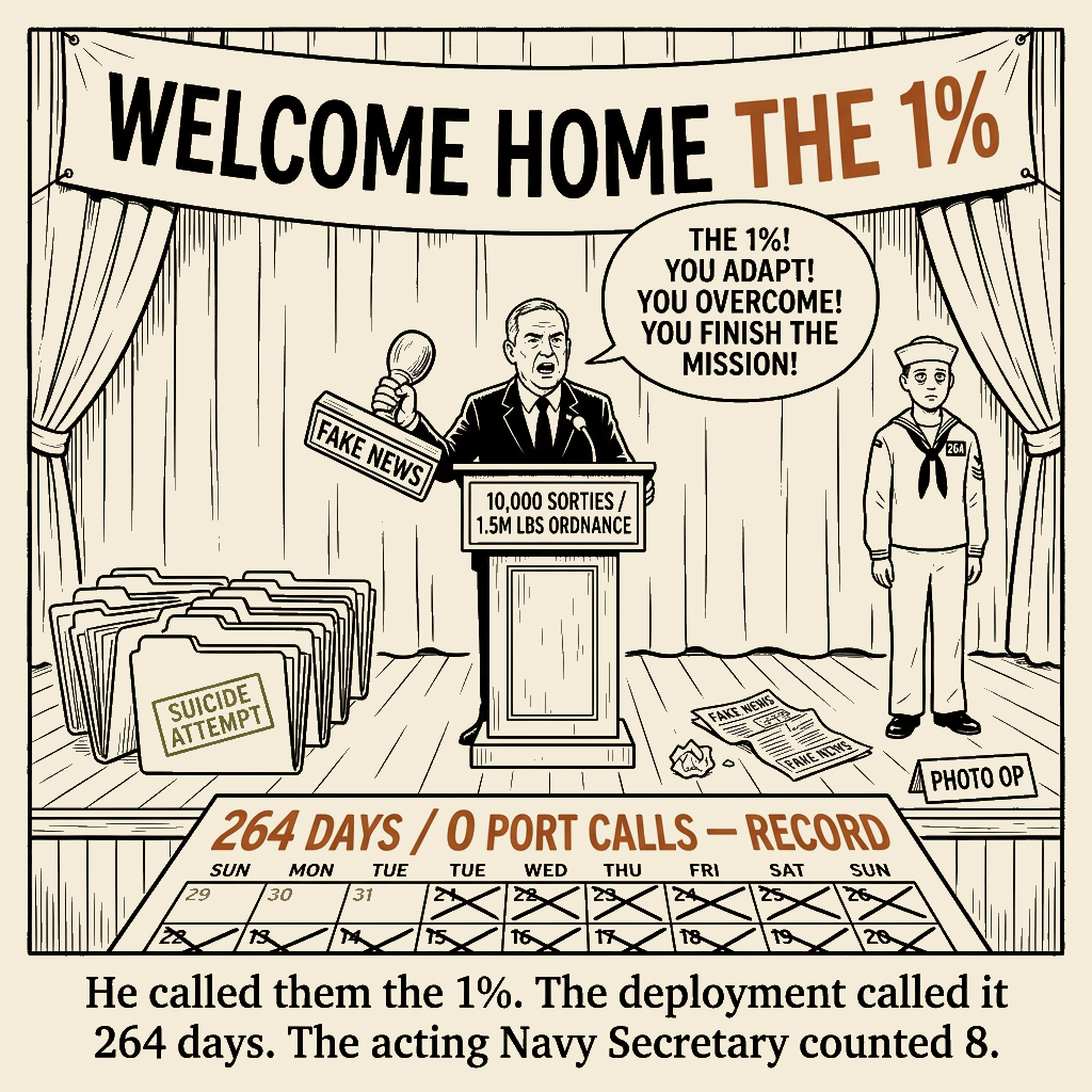Unsigned MSI house political cartoon: He called them the 1%. The deployment called it 264 days.