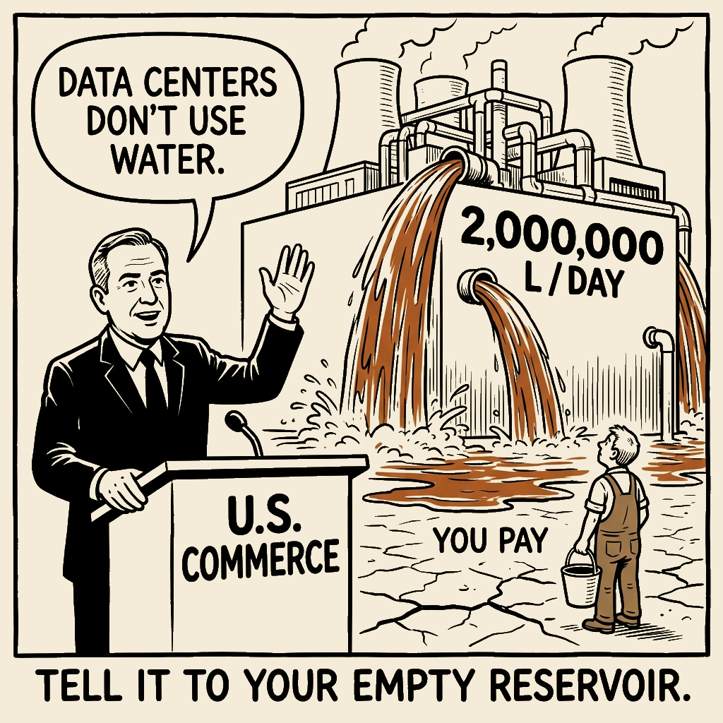 Unsigned MSI house political cartoon: He can't hear it pouring