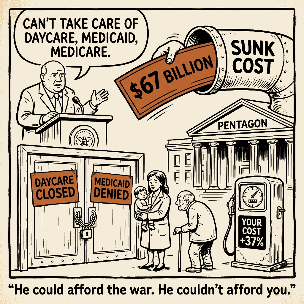 Unsigned MSI house political cartoon: He Chose. You Pay.