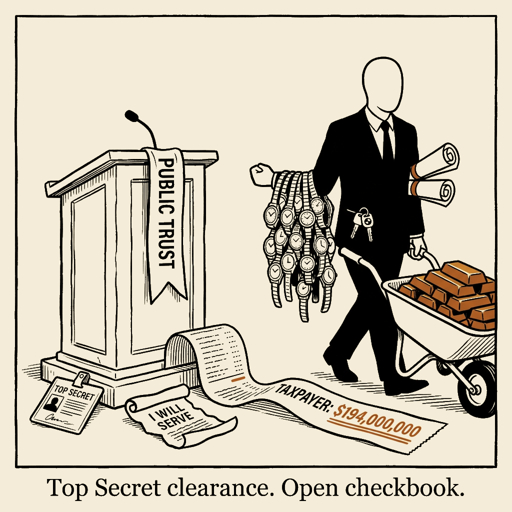 Unsigned MSI house political cartoon: He had the clearance. He took the gold.