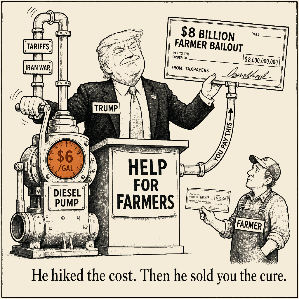 Unsigned MSI house political cartoon: He hiked the cost. Then he sold you the cure.