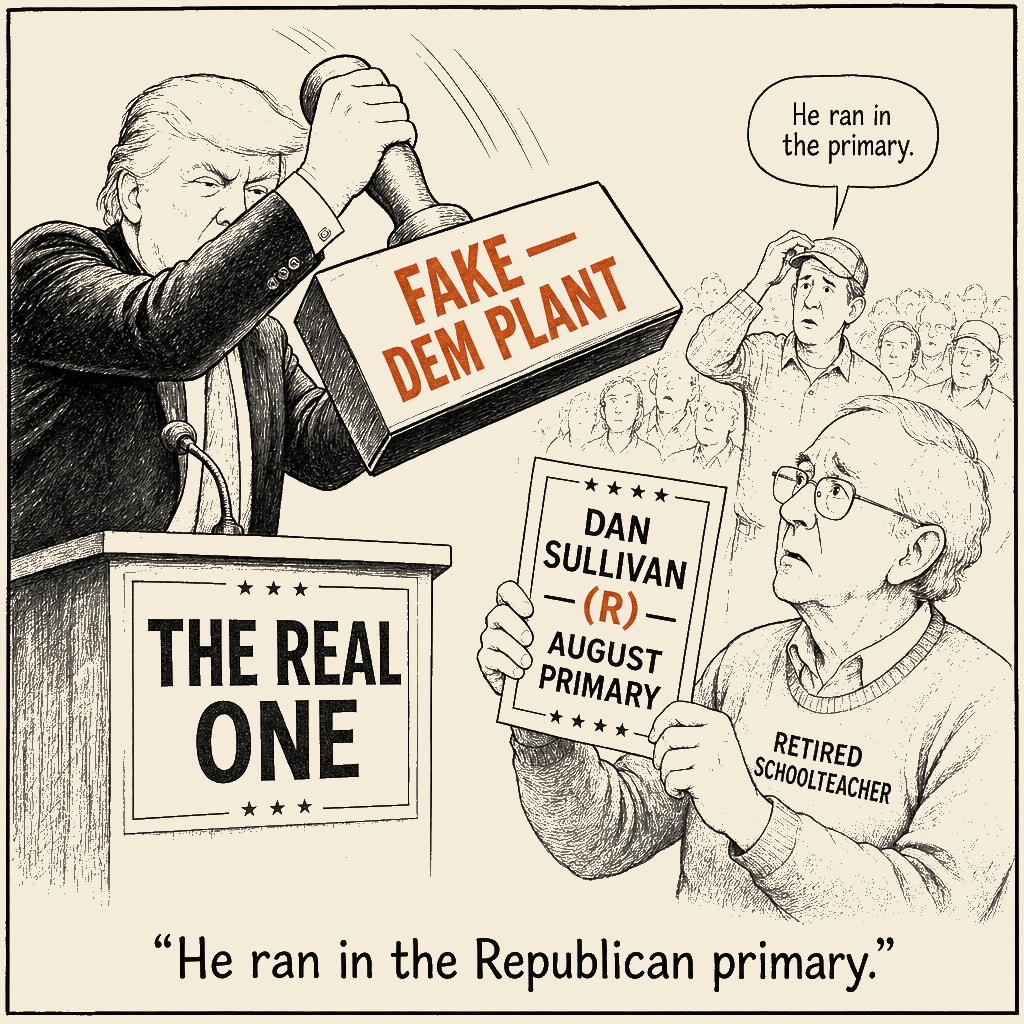 Unsigned MSI house political cartoon: He ran in the Republican primary.