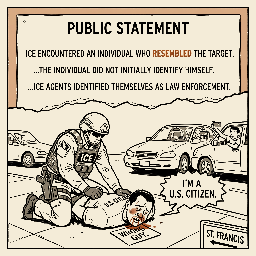 Unsigned MSI house political cartoon: He Resembled the Target.