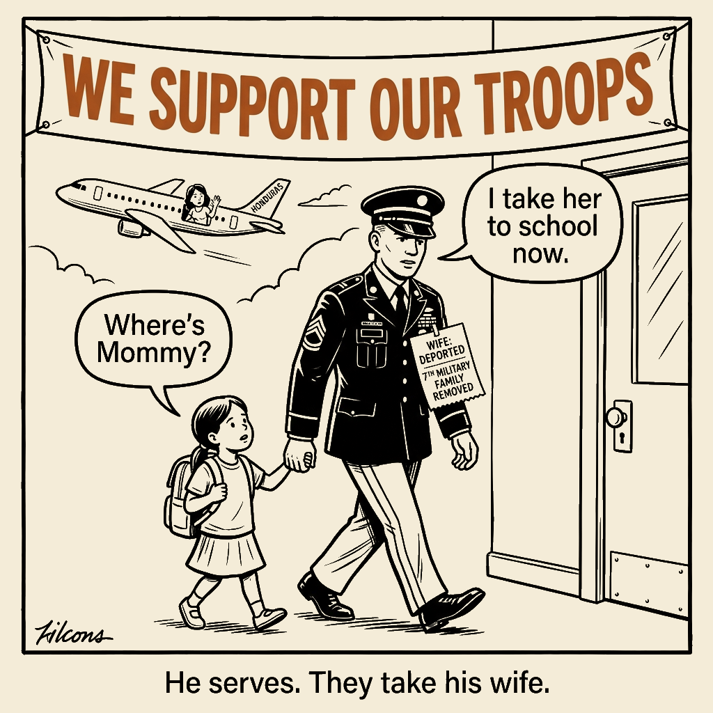 Unsigned MSI house political cartoon: He serves. They take his wife.