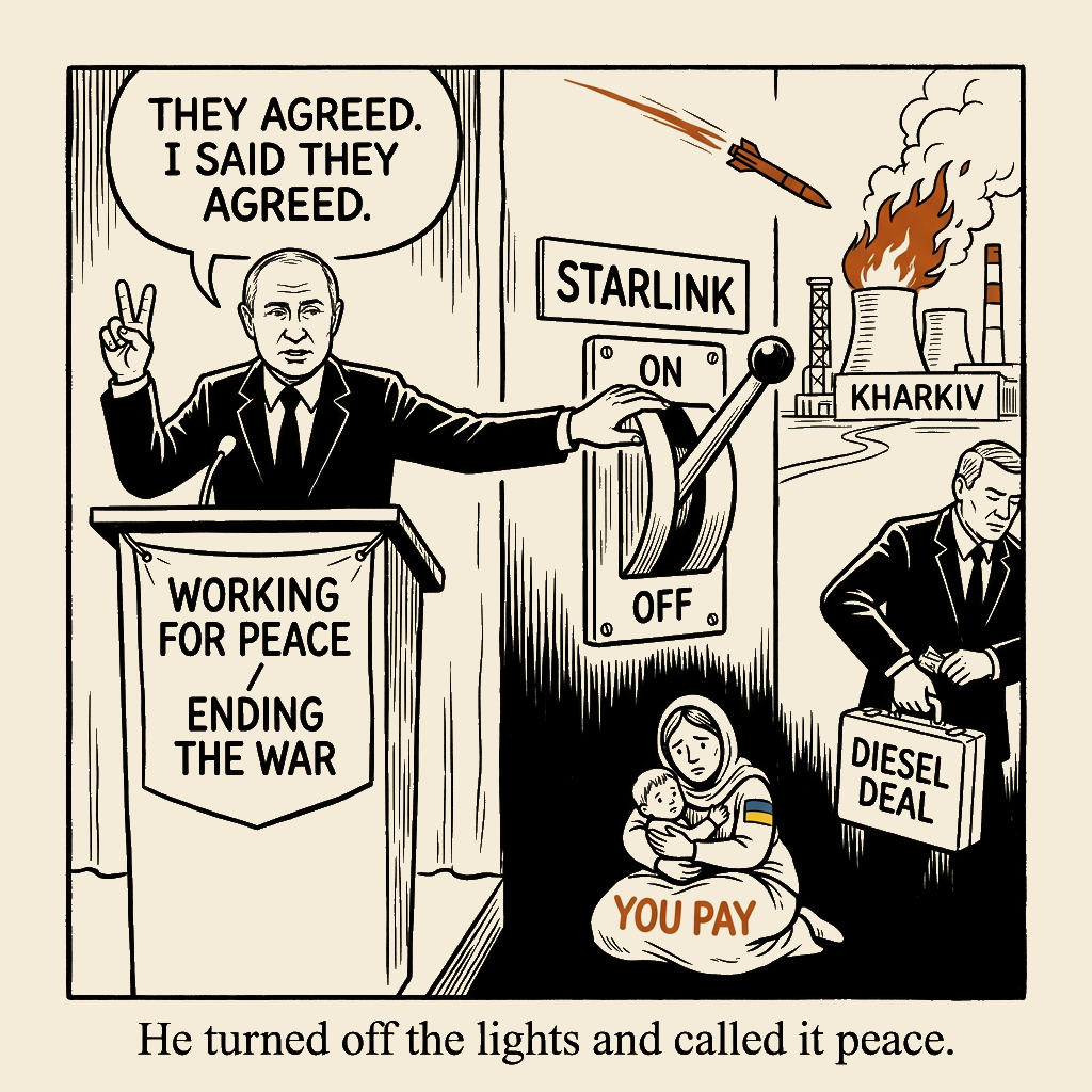 Unsigned MSI house political cartoon: He turned off the lights and called it peace