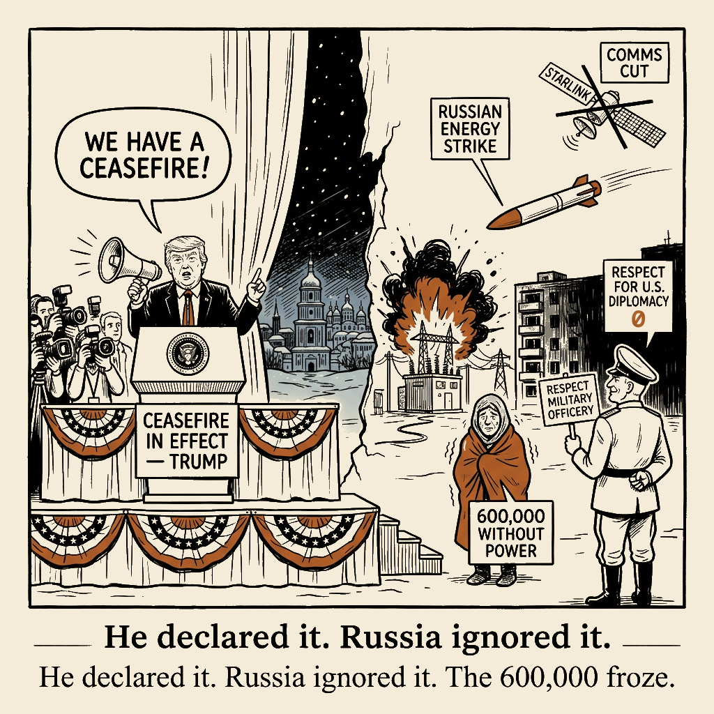 Unsigned MSI house political cartoon: HIS CEASEFIRE. THEIR BLACKOUT.