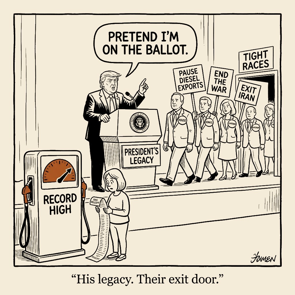Unsigned MSI house political cartoon: His legacy. Their exit door.