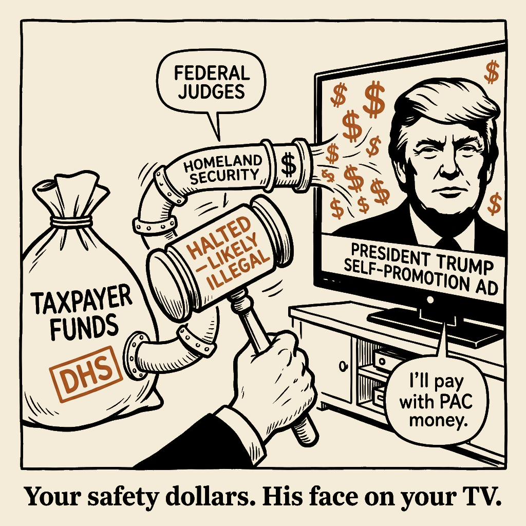 Unsigned MSI house political cartoon: Homeland Security Dollars → His Campaign Ad