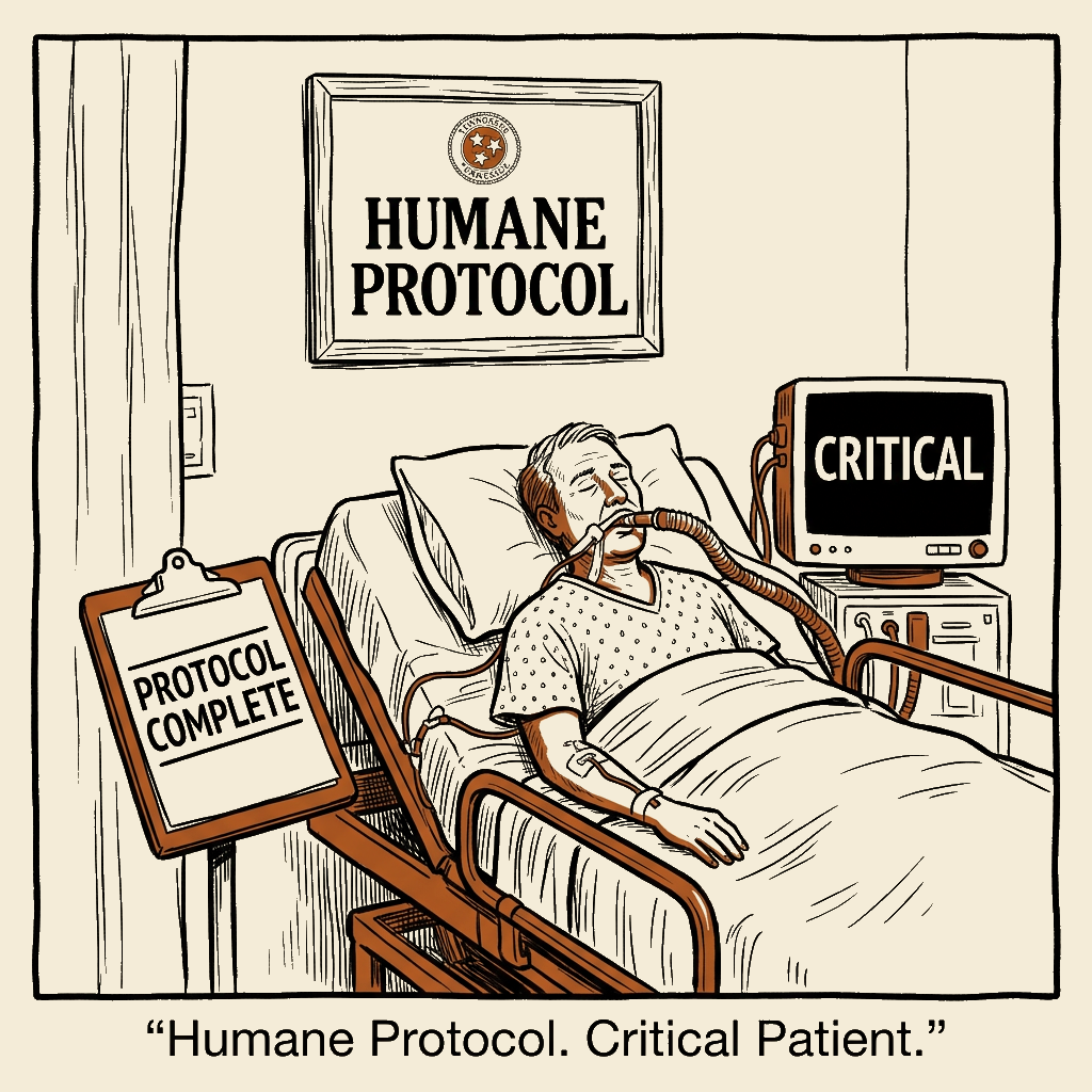 Unsigned MSI house political cartoon: Humane Protocol. Critical Patient.
