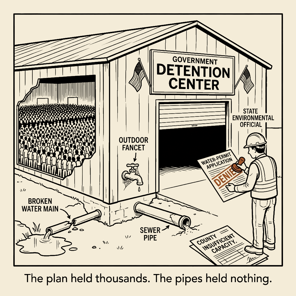 Unsigned MSI house political cartoon: ICE's Warehouse Detention Plan Couldn't Hold Water