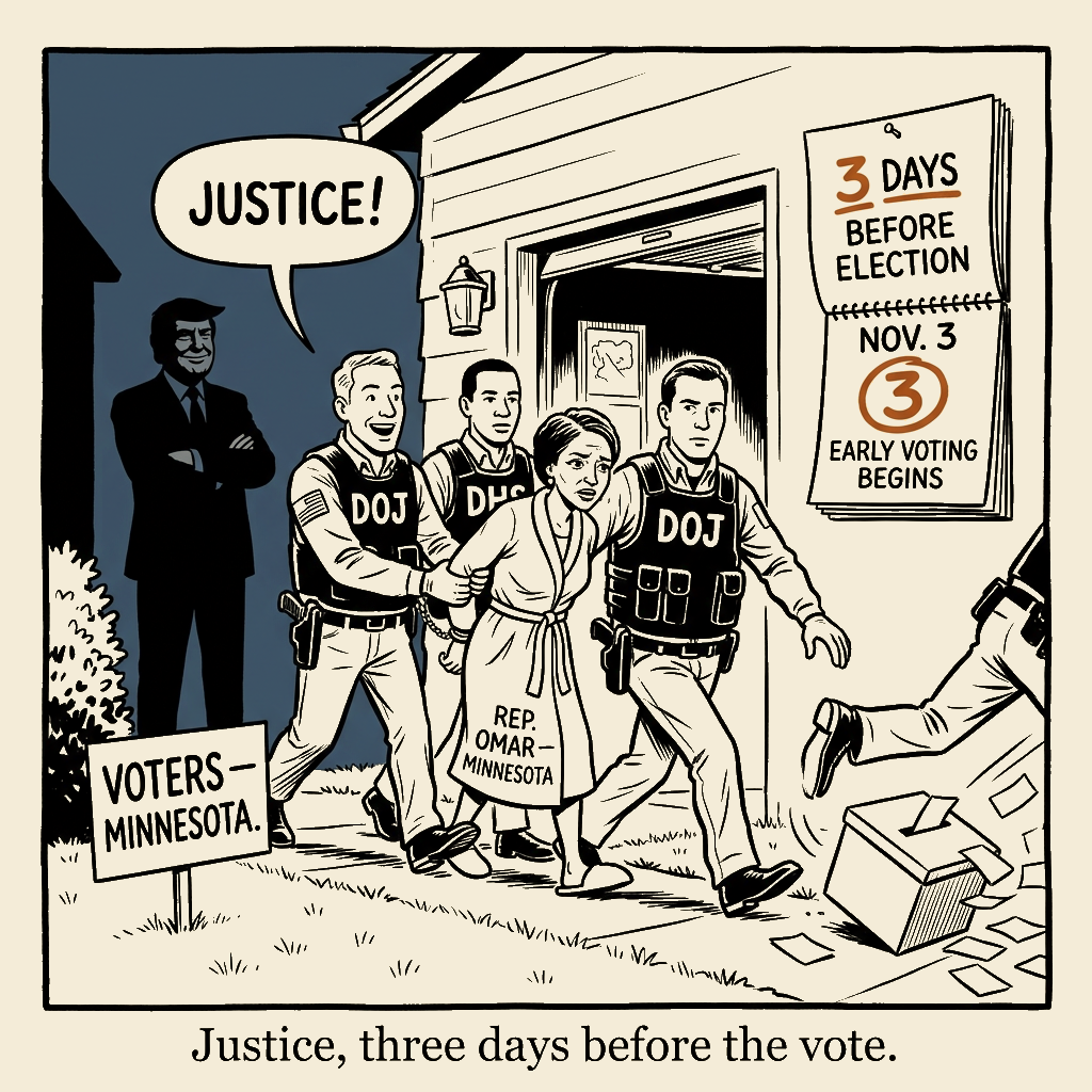 Unsigned MSI house political cartoon: Justice, three days before the vote