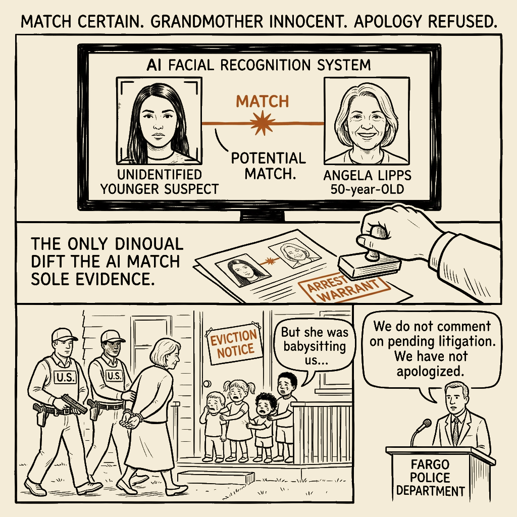 Unsigned MSI house political cartoon: MATCHED. CHAINED. SILENCED.