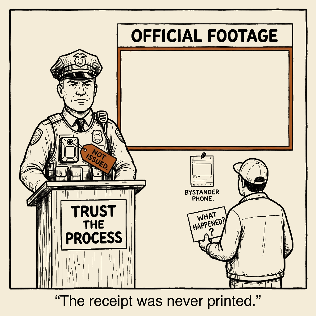 Unsigned MSI house political cartoon: No Camera, No Record, Just Trust Us