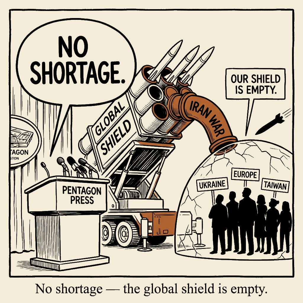 Unsigned MSI house political cartoon: No Shortage, Empty Shields