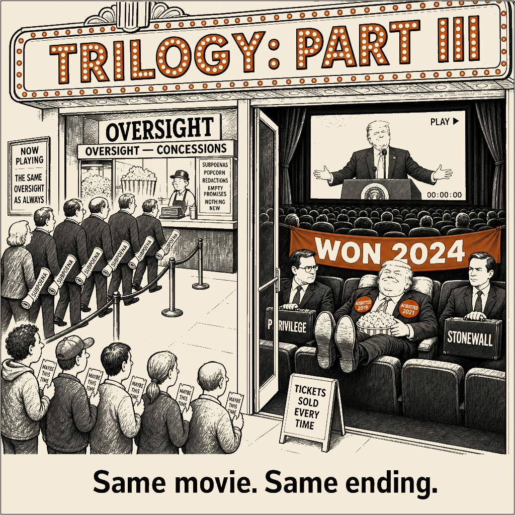 Unsigned MSI house political cartoon: Now showing, same ending
