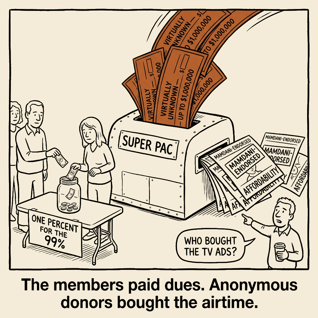 Unsigned MSI house political cartoon: One Percent For The Ninety-Nine