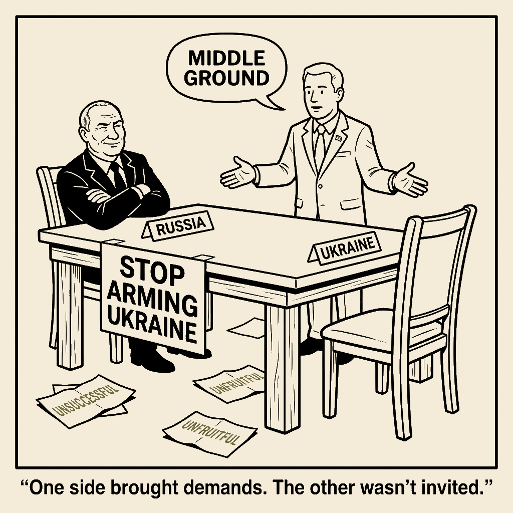 Unsigned MSI house political cartoon: One Side Brought Demands