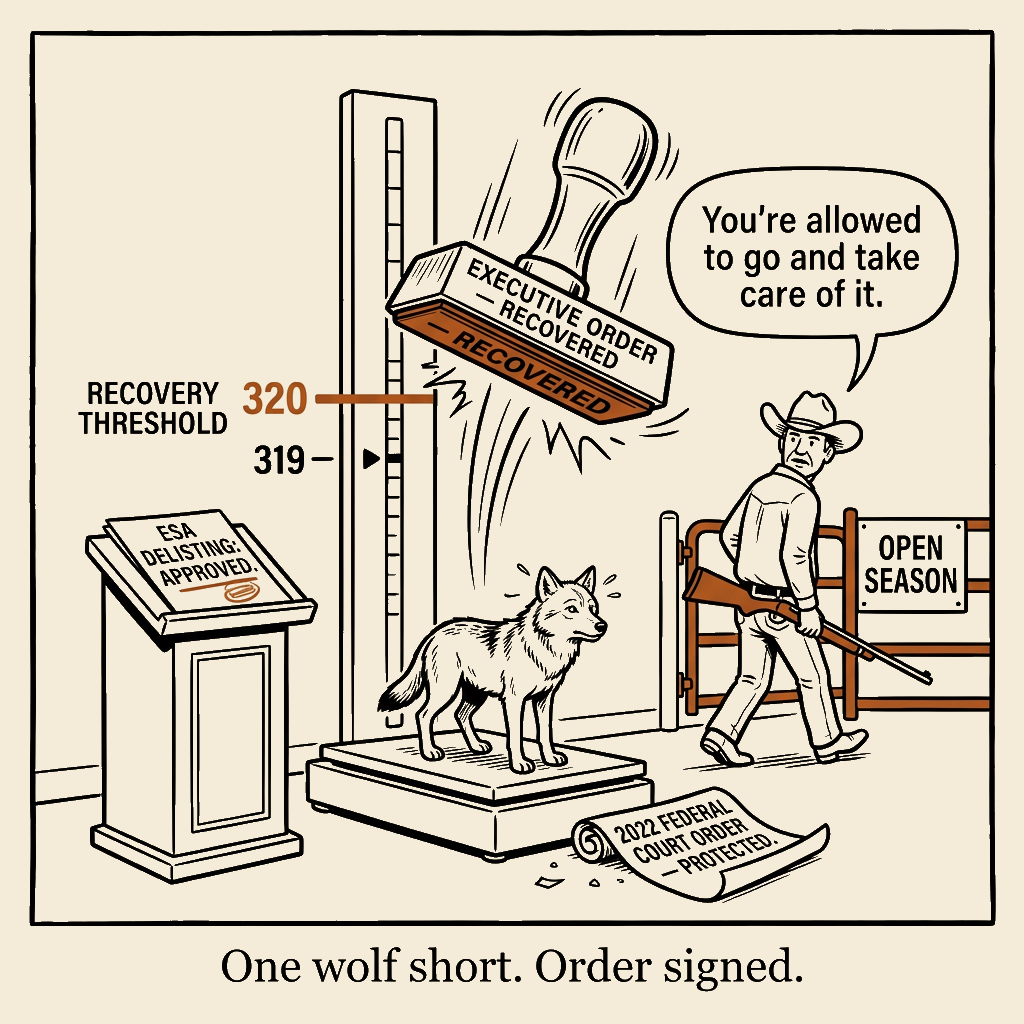 Unsigned MSI house political cartoon: One wolf short of recovery