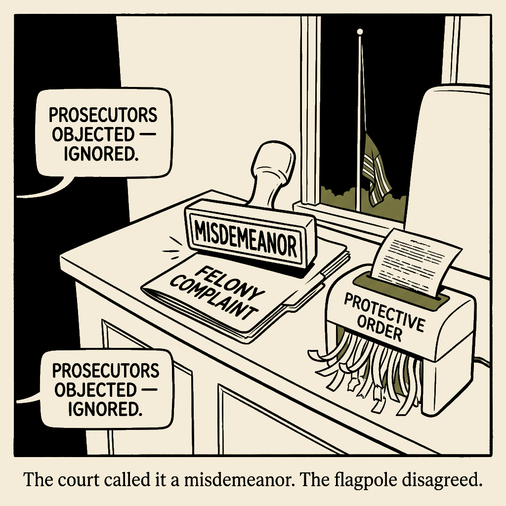 Unsigned MSI house political cartoon: Order shredded. Felony downgraded. Victim: deceased.