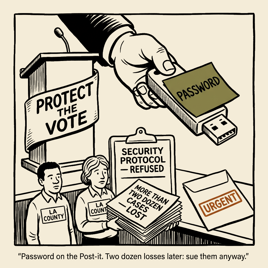 Unsigned MSI house political cartoon: Password on the Post-it, lawsuit at the door