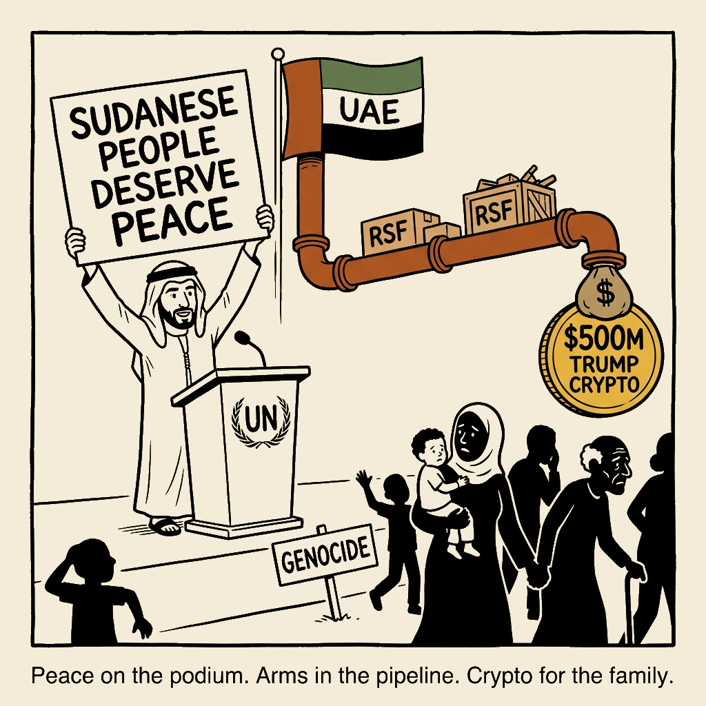 Unsigned MSI house political cartoon: Peace on the podium, arms in the pipeline