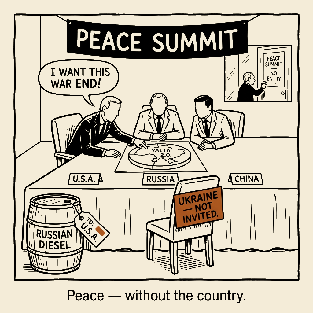 Unsigned MSI house political cartoon: Peace — Ukraine Not Invited