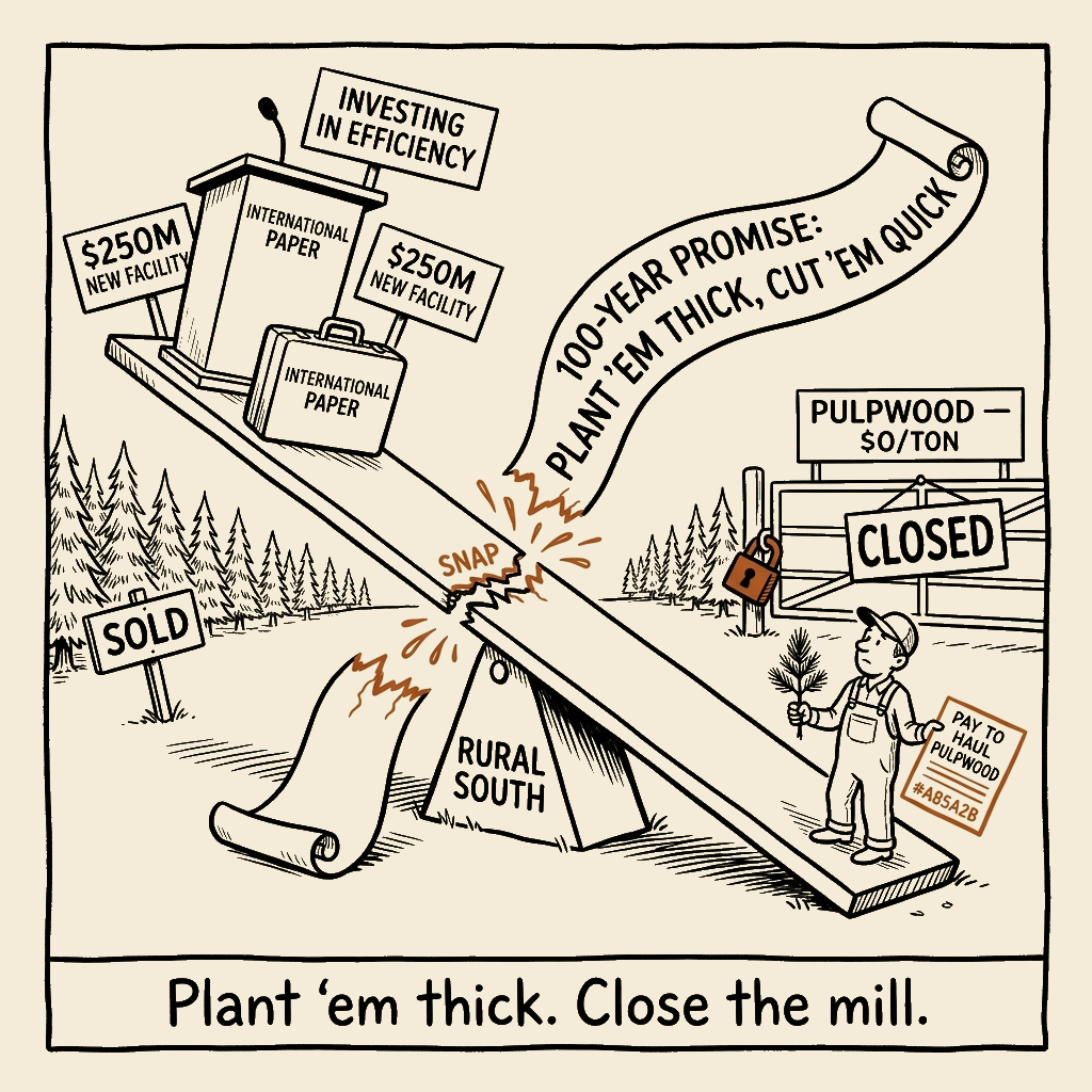 Unsigned MSI house political cartoon: Plant 'em thick. Close the mill.