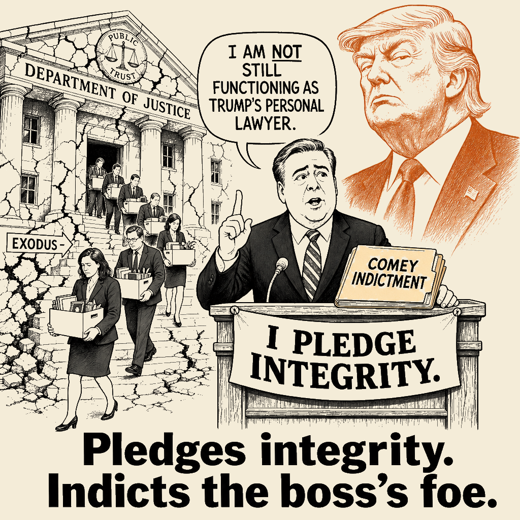 Unsigned MSI house political cartoon: Pledges integrity. Indicts the boss's foe.
