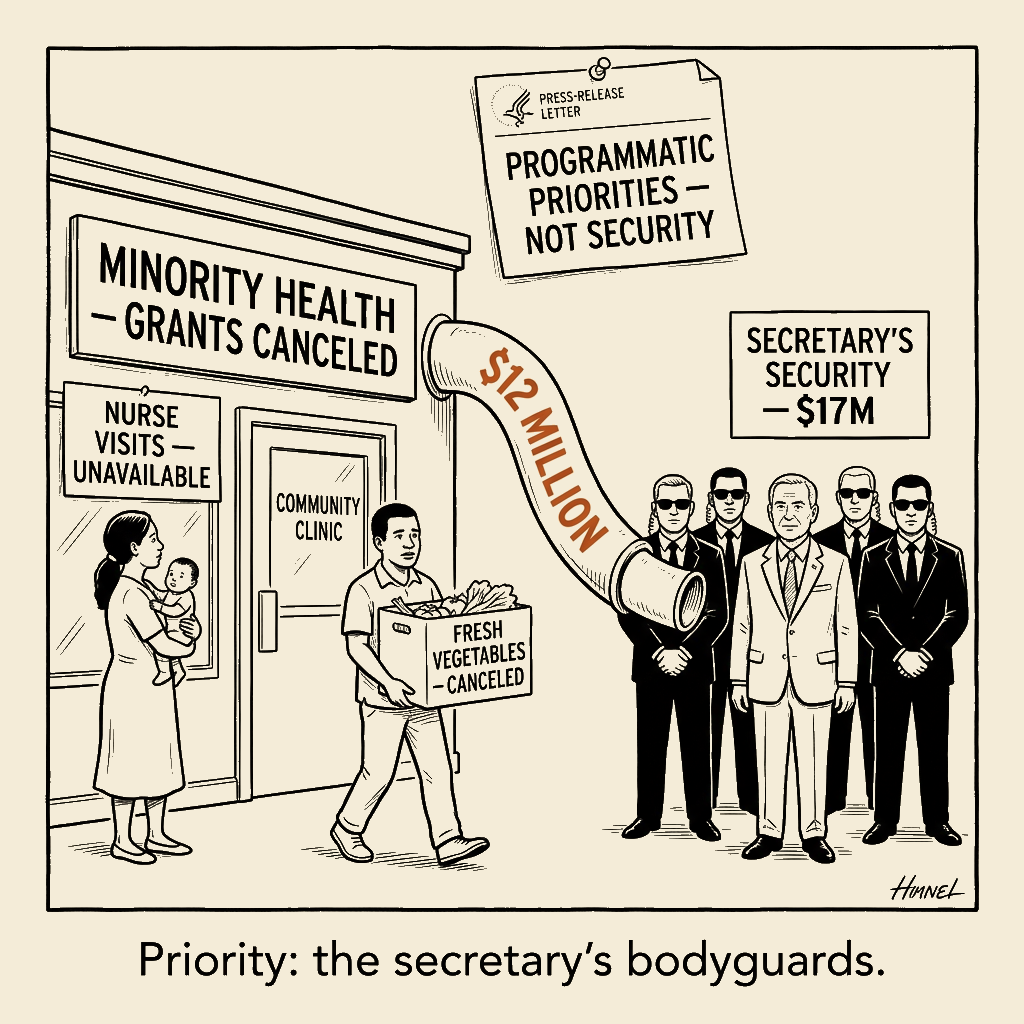 Unsigned MSI house political cartoon: Priority: the secretary's bodyguards