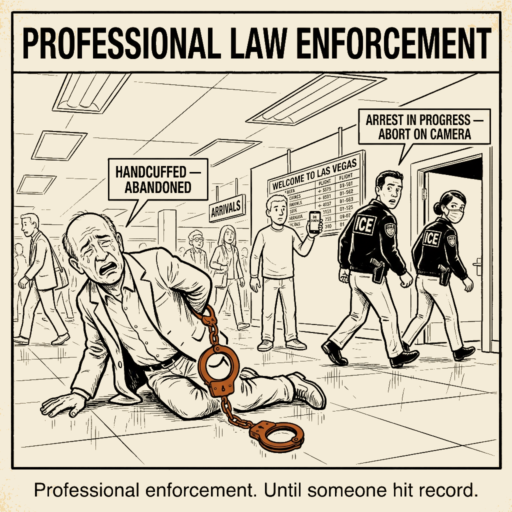 Unsigned MSI house political cartoon: Professional enforcement, until someone hit record