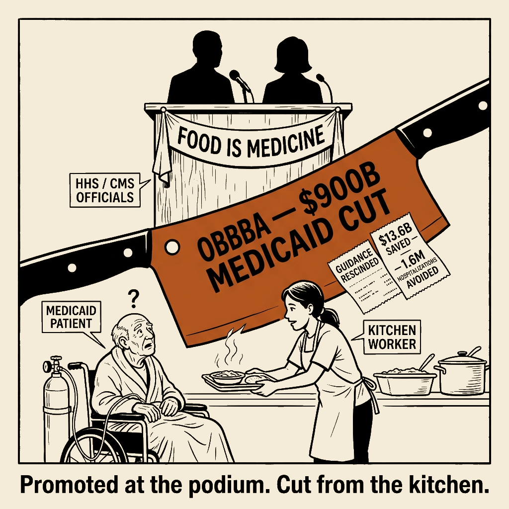 Unsigned MSI house political cartoon: Promoted at the podium. Cut from the kitchen.