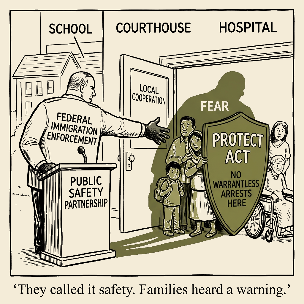 Unsigned MSI house political cartoon: Public Safety, Private Fear