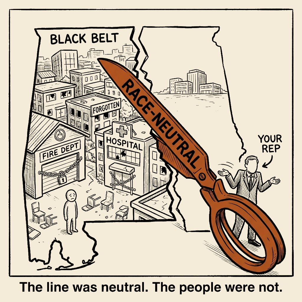 Unsigned MSI house political cartoon: Race-neutral scissors