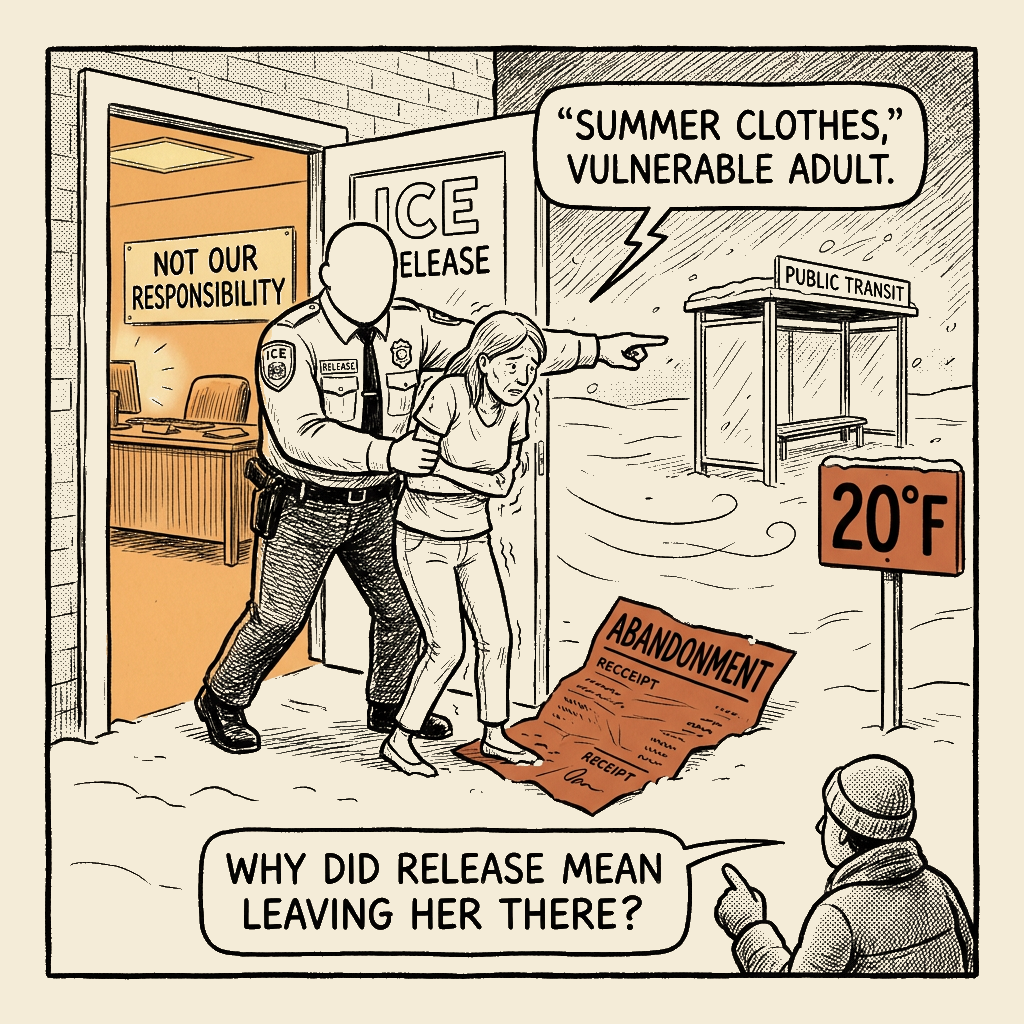 Unsigned MSI house political cartoon: Released Into the Cold