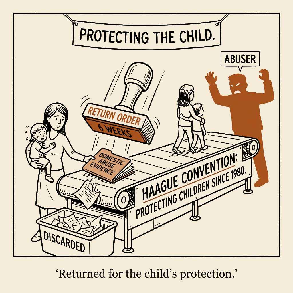 Unsigned MSI house political cartoon: Returned for the child's protection