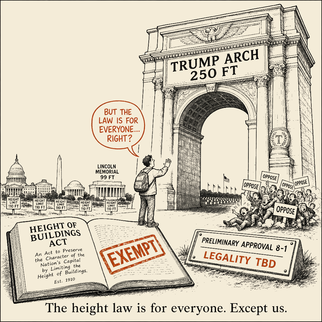 Unsigned MSI house political cartoon: Rules for thee. Towers for us.