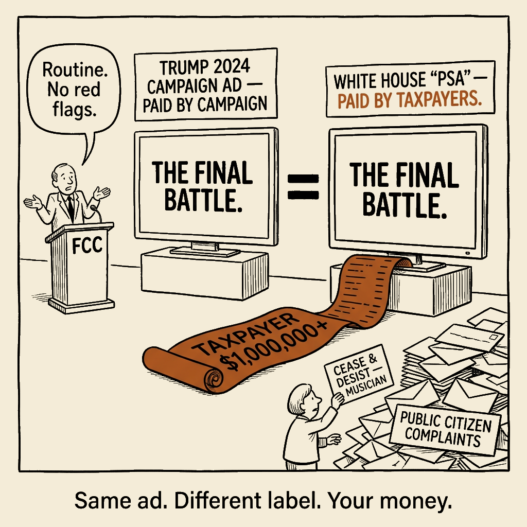 Unsigned MSI house political cartoon: Same ad. Different label. Your money.