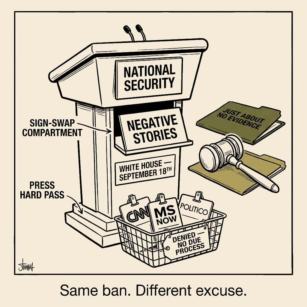Unsigned MSI house political cartoon: Same Ban. Different Excuse.
