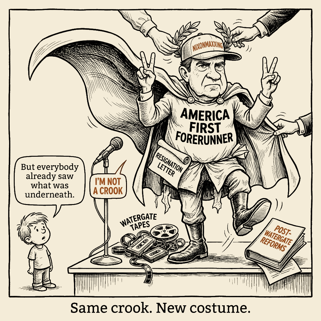Unsigned MSI house political cartoon: Same Crook, New Costume