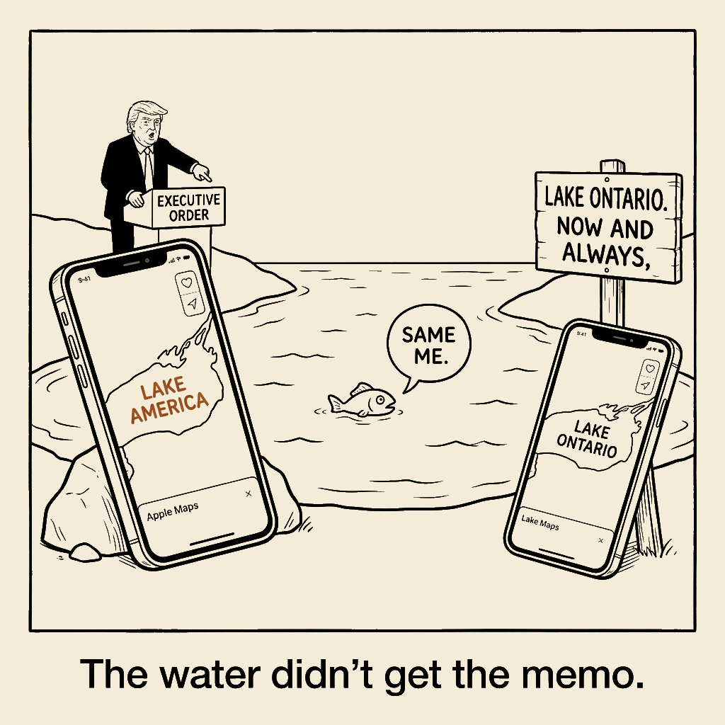 Unsigned MSI house political cartoon: Same lake, two flags