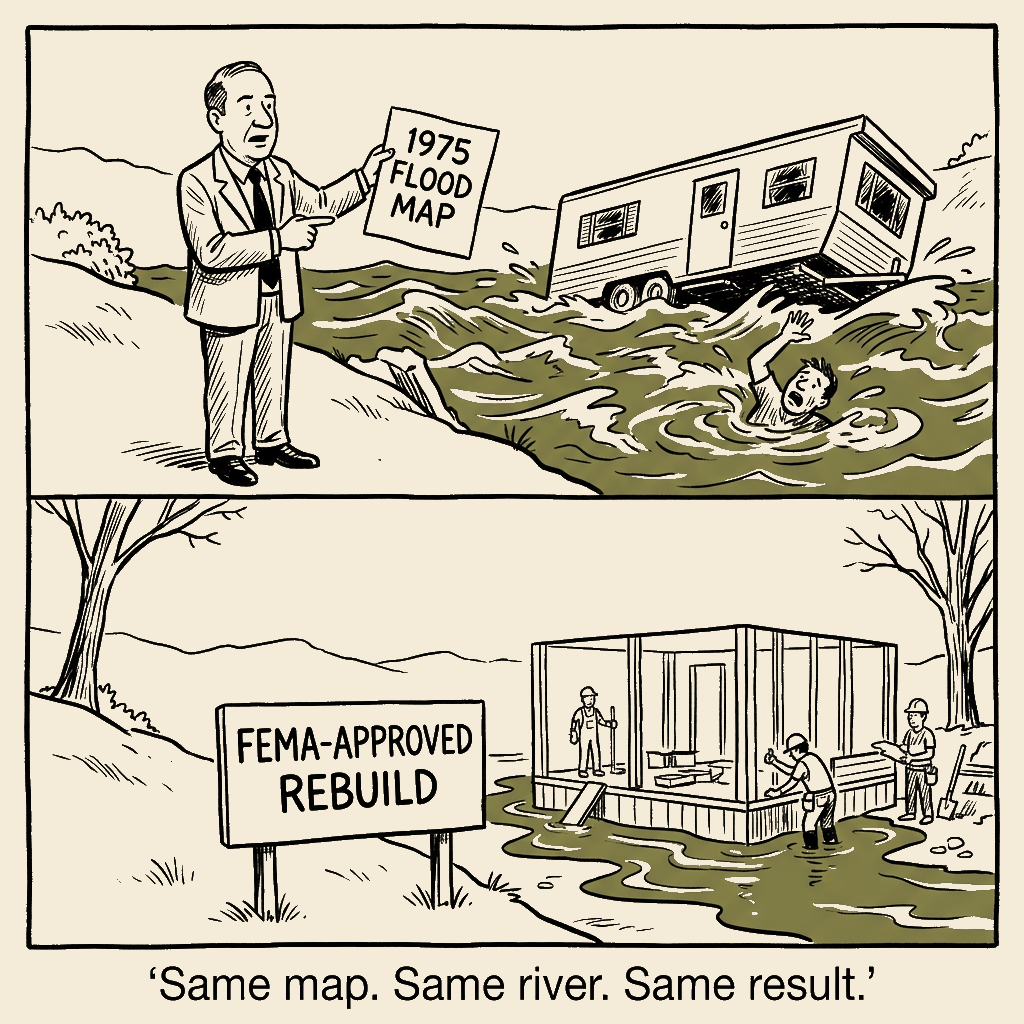 Unsigned MSI house political cartoon: Same Map, Same River, Same Result