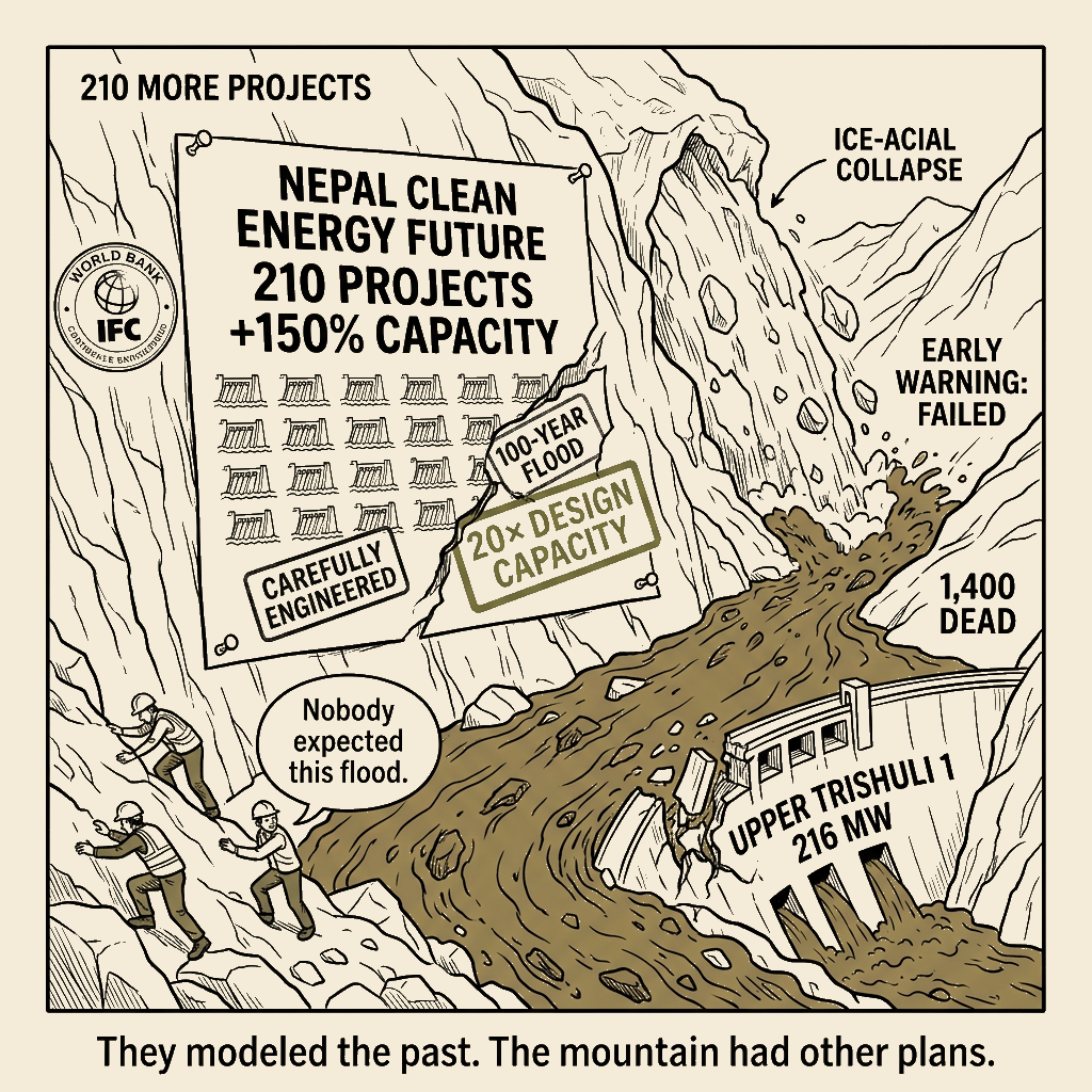 Unsigned MSI house political cartoon: Same mountain. 210 more projects.