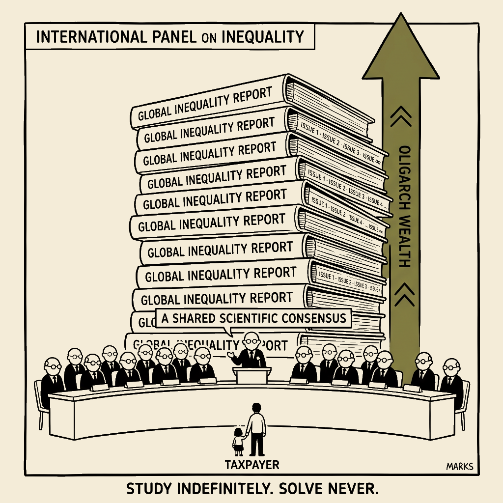 Unsigned MSI house political cartoon: Same panel. Same reports. Same pile.