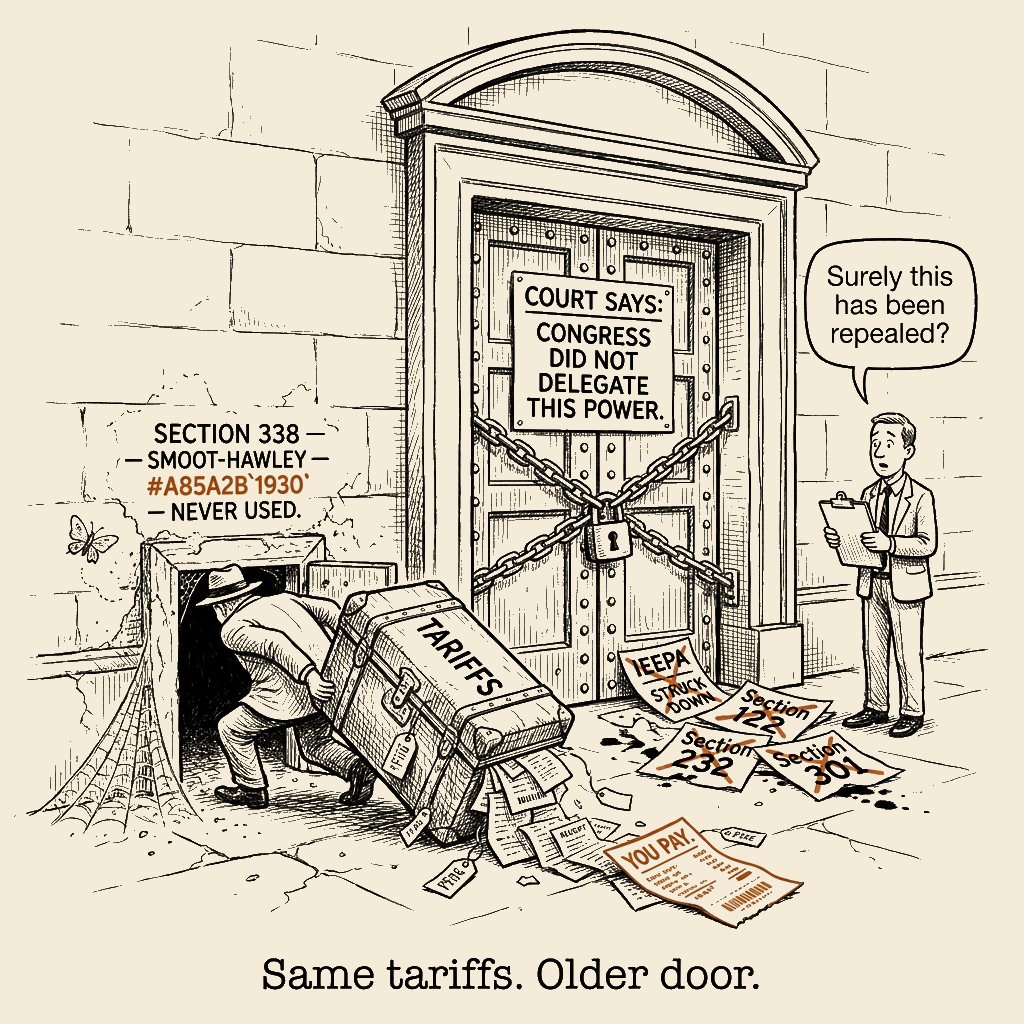 Unsigned MSI house political cartoon: Same Tariffs, Older Door