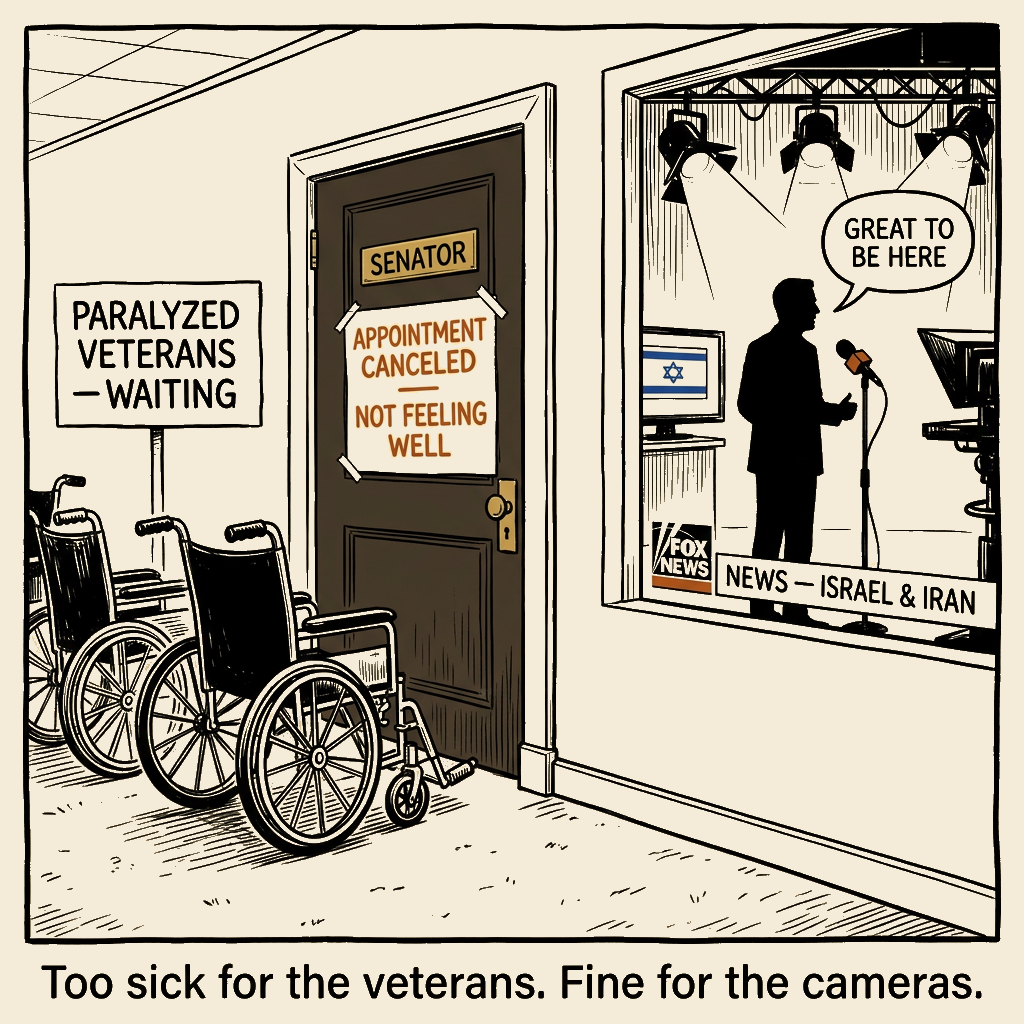 Unsigned MSI house political cartoon: Sick for the veterans. Fine for the cameras.
