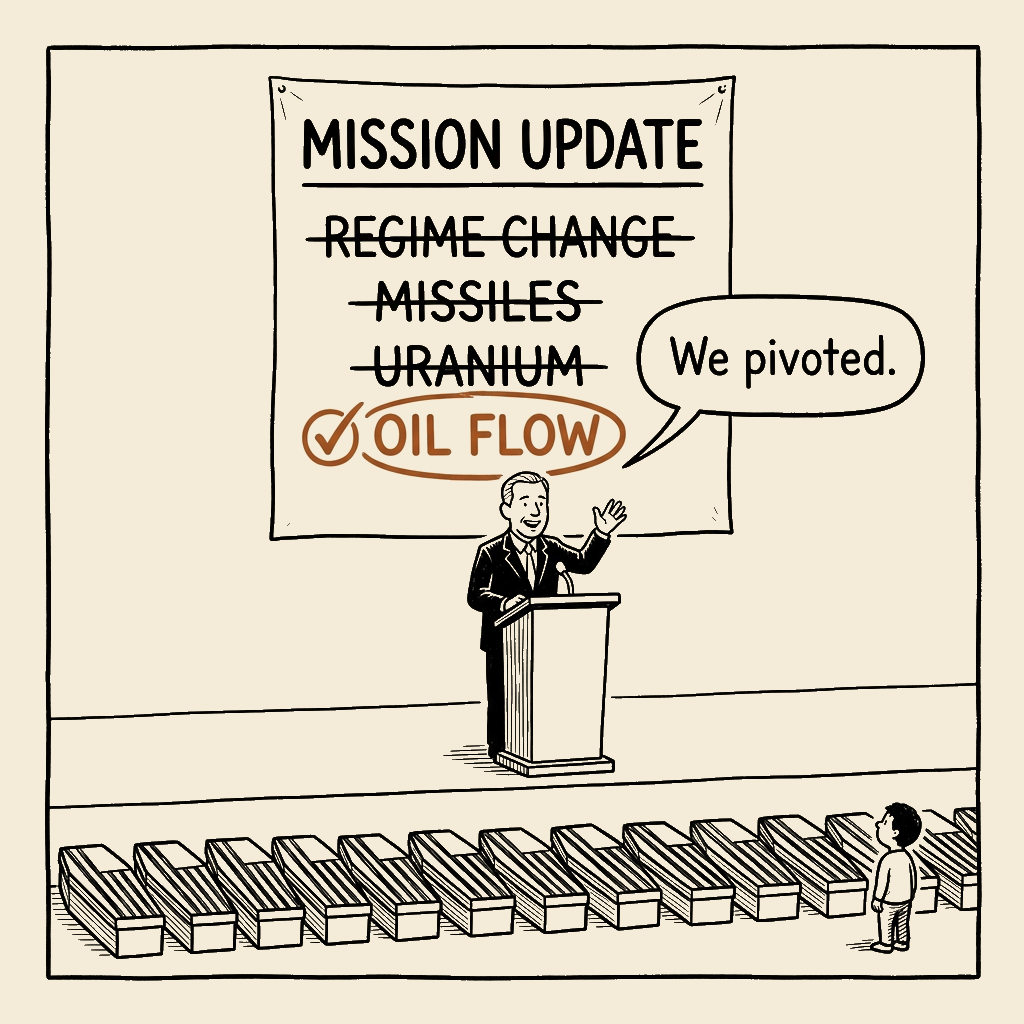 Unsigned MSI house political cartoon: Sixteen Dead, New Objectives
