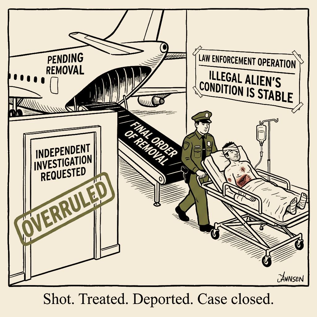 Unsigned MSI house political cartoon: Stable condition. Pending removal.