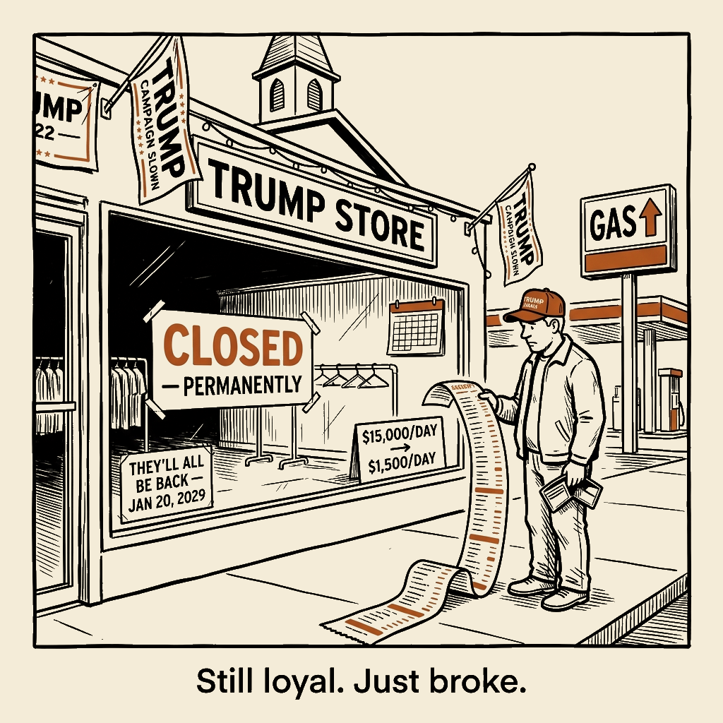 Unsigned MSI house political cartoon: Still loyal. Just broke.